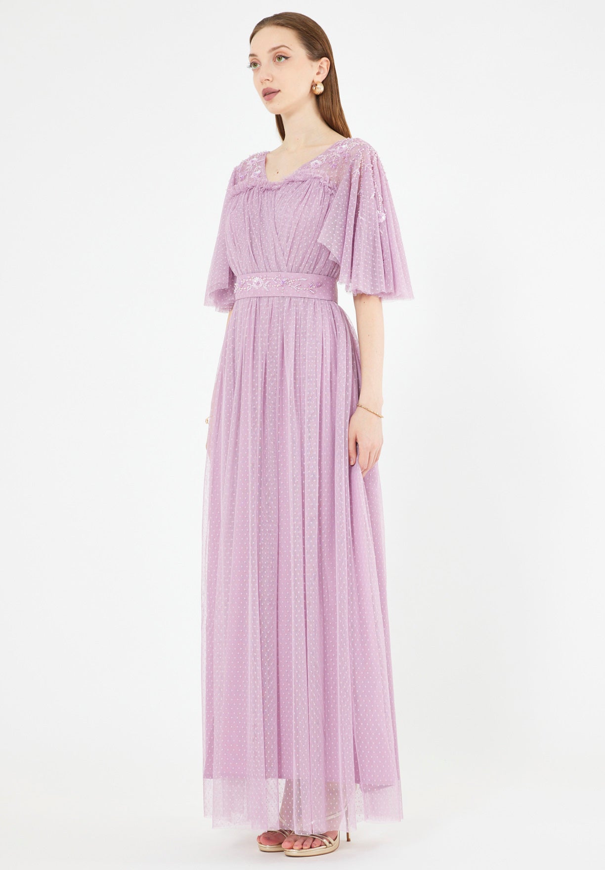 Textured Tulle Gown with Embroidered Accents
