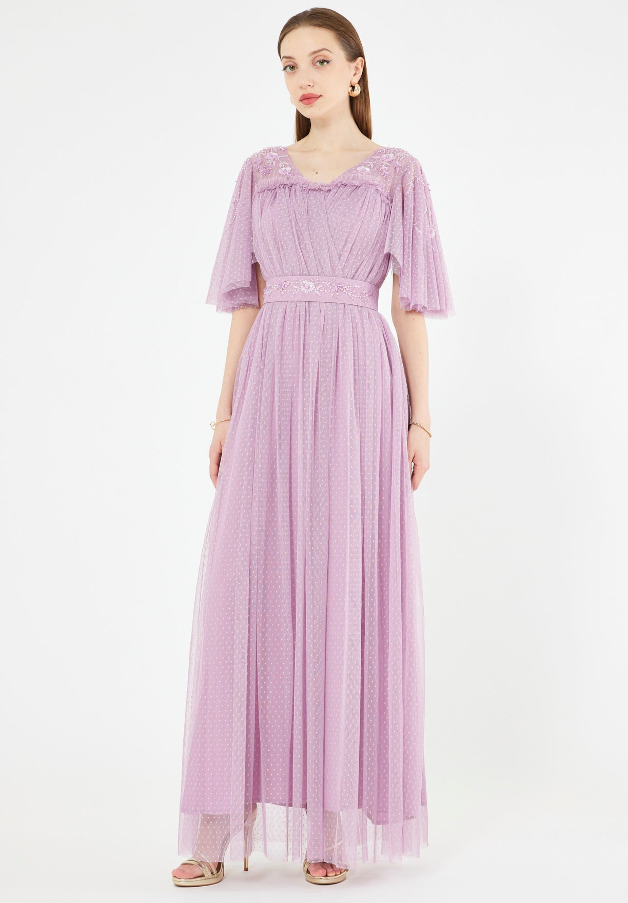 Textured Tulle Gown with Embroidered Accents