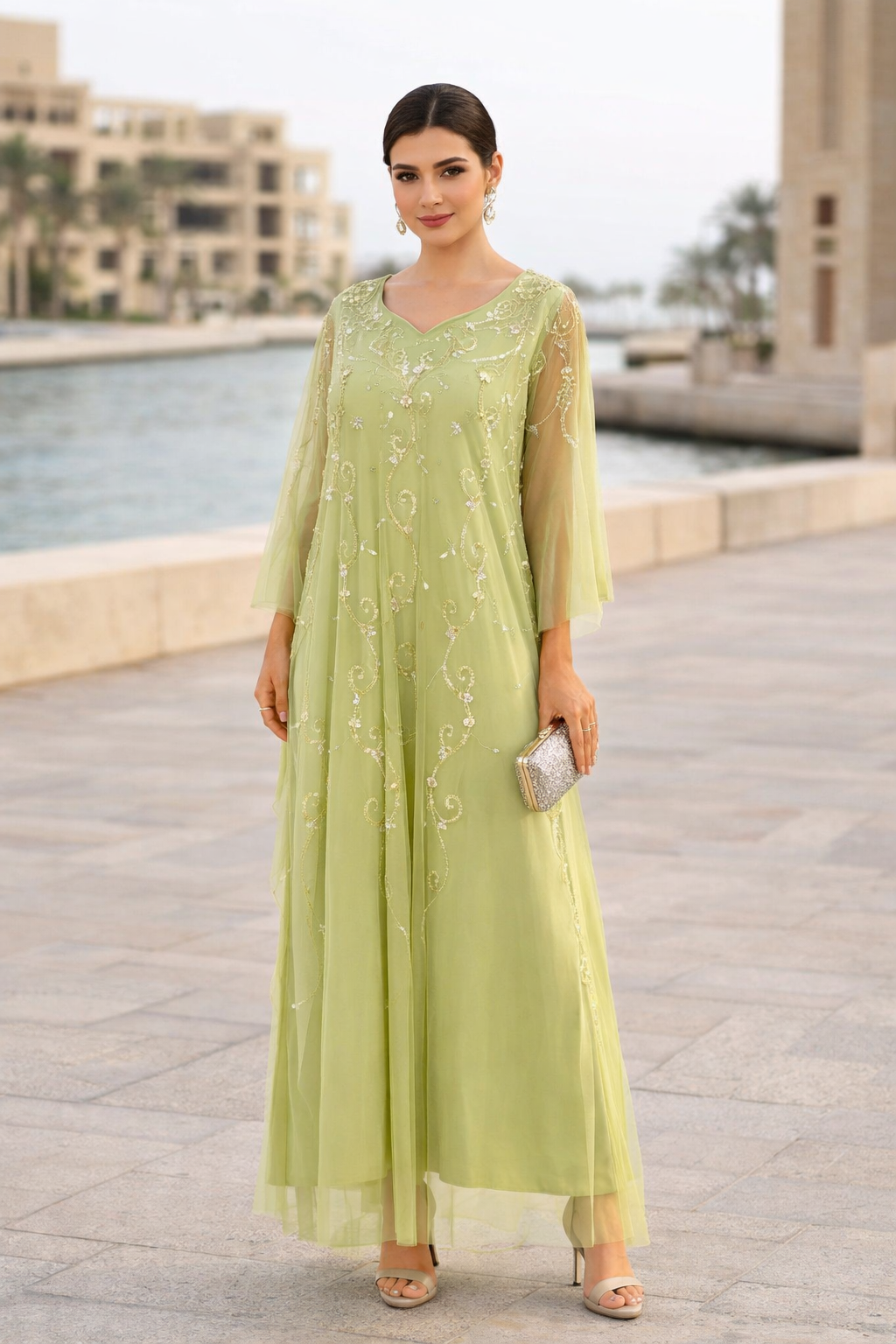 Beaded Floral Pattern Flowy Dress