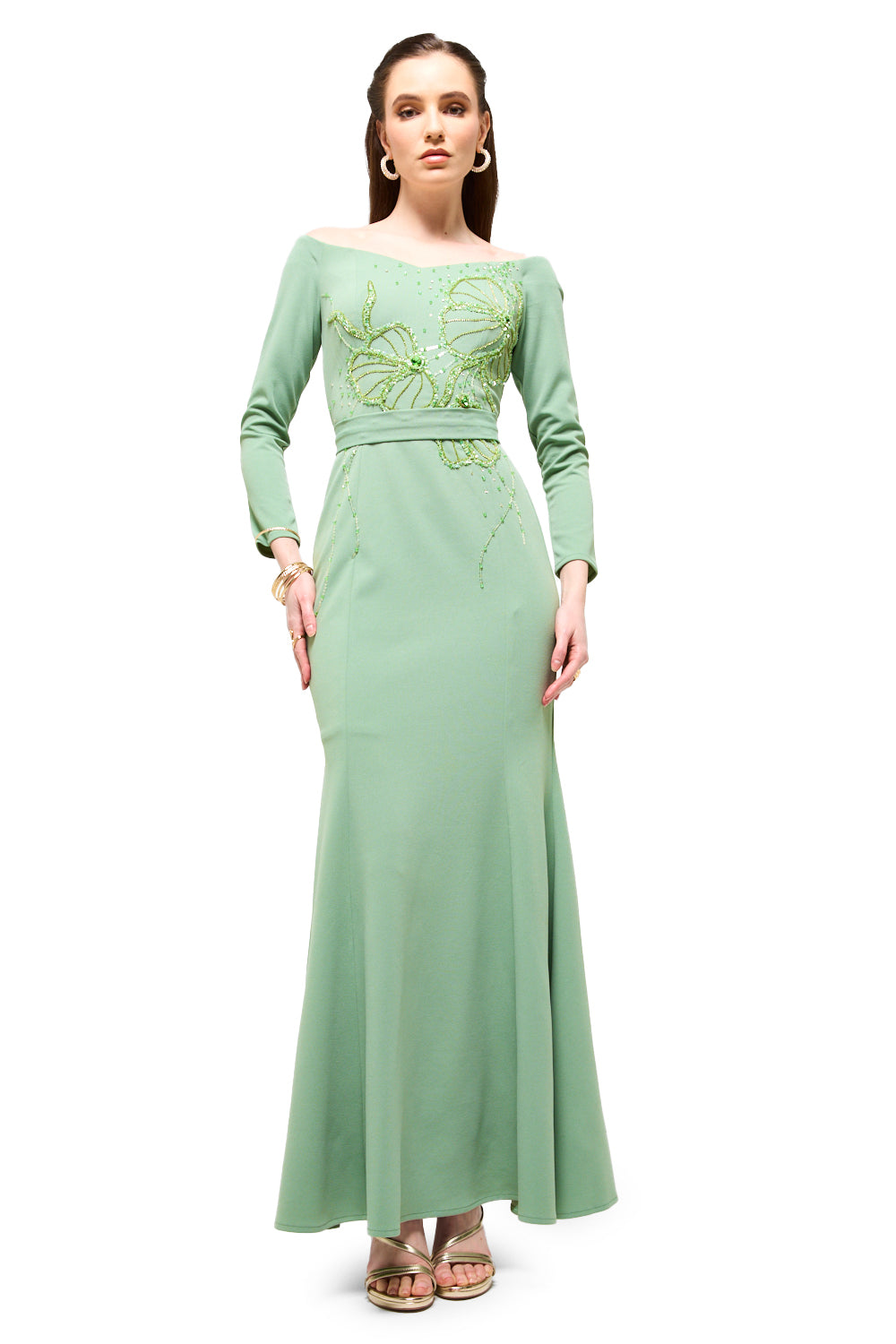 Beaded Floral Boat Neck Maxi Dress