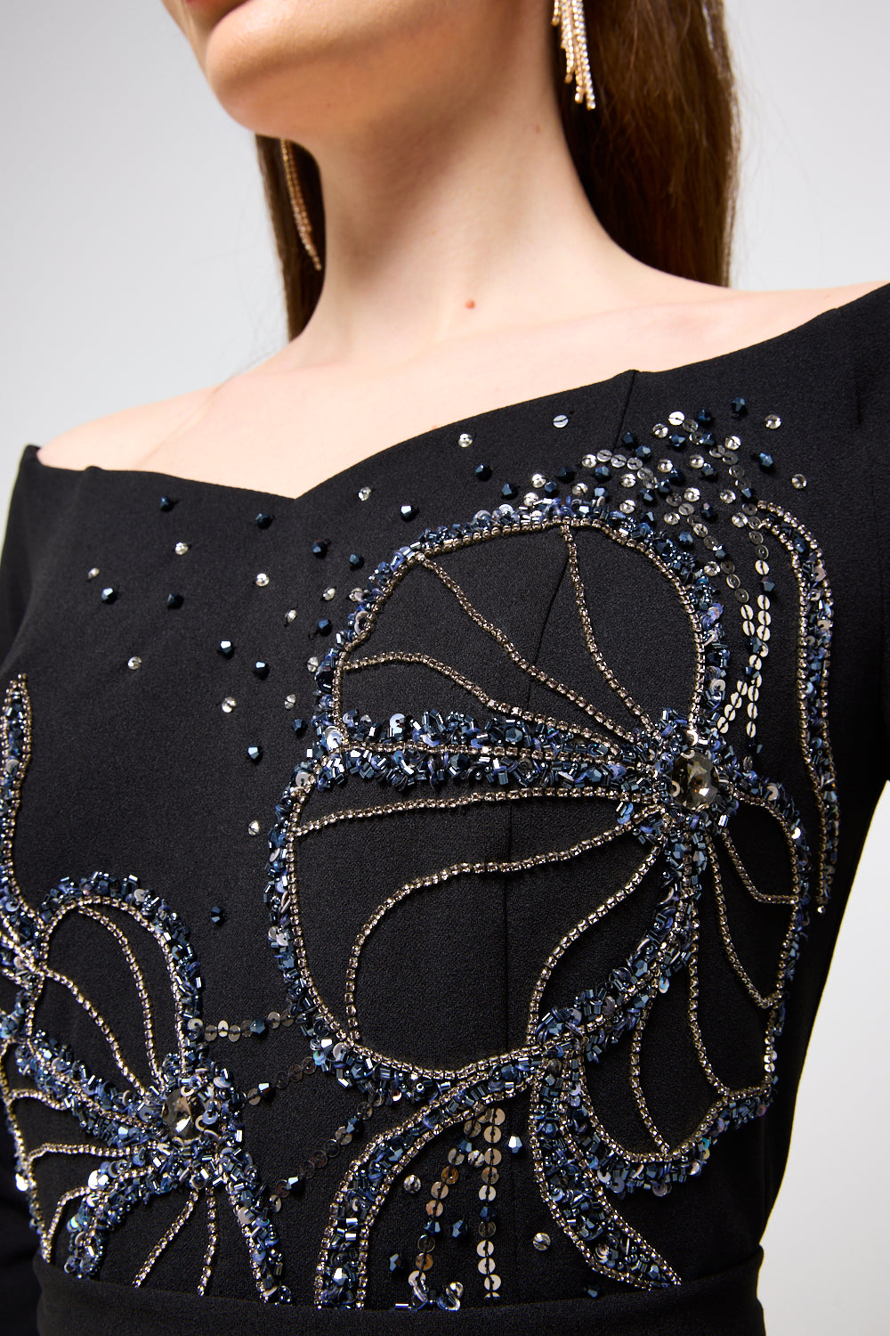 Beaded Floral Boat Neck Maxi Dress