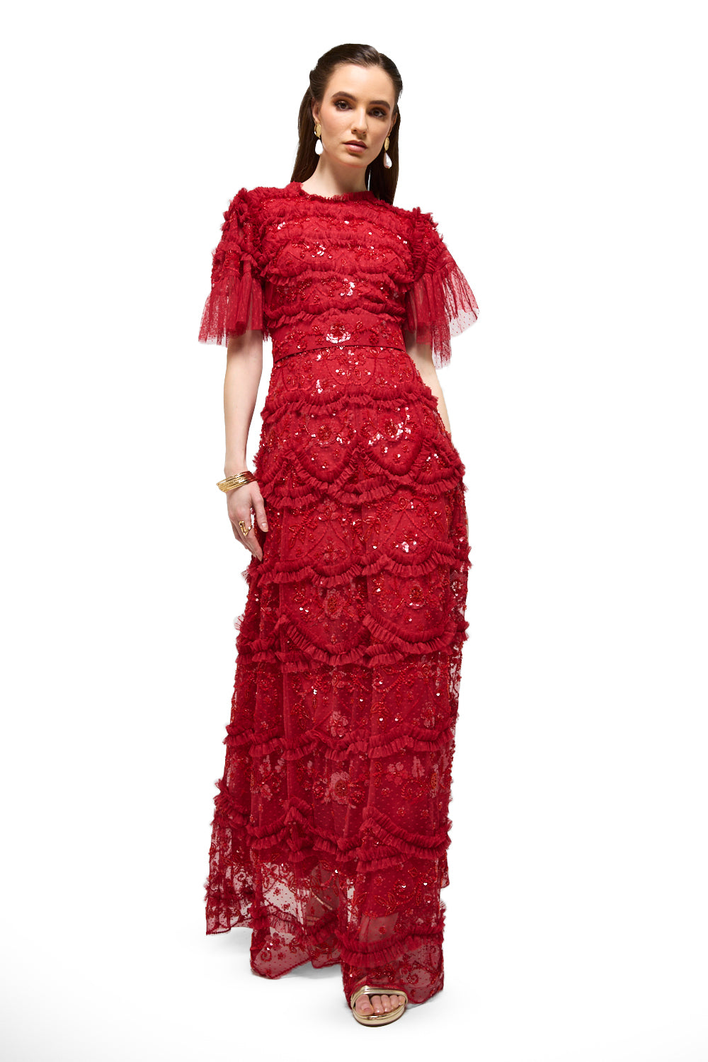 Sequin Fringe Lace Maxi Dress