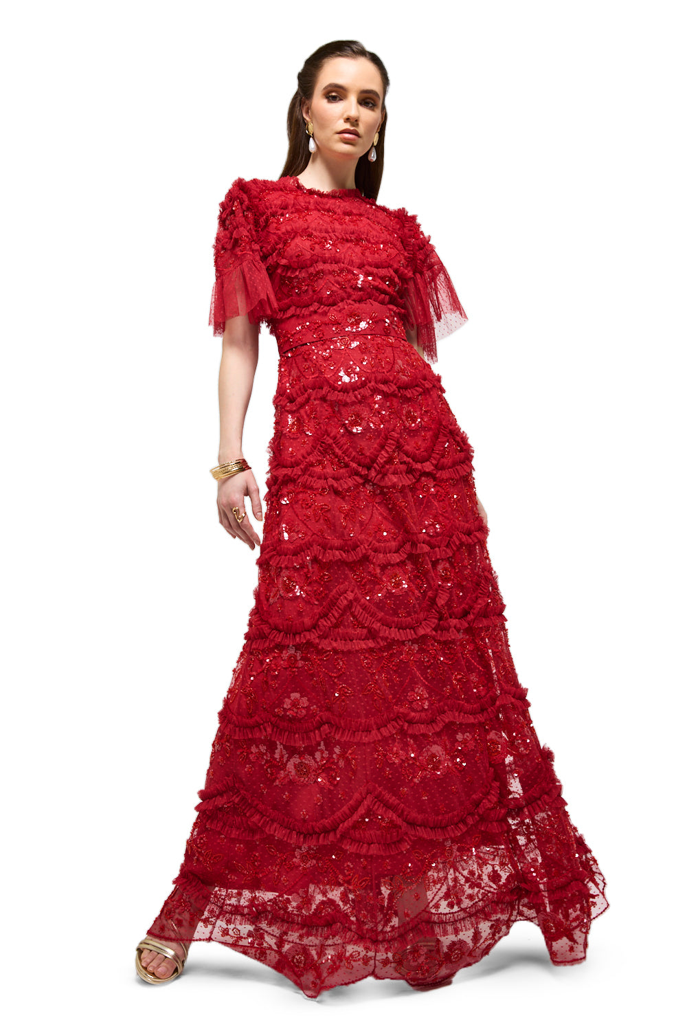 Sequin Fringe Lace Maxi Dress
