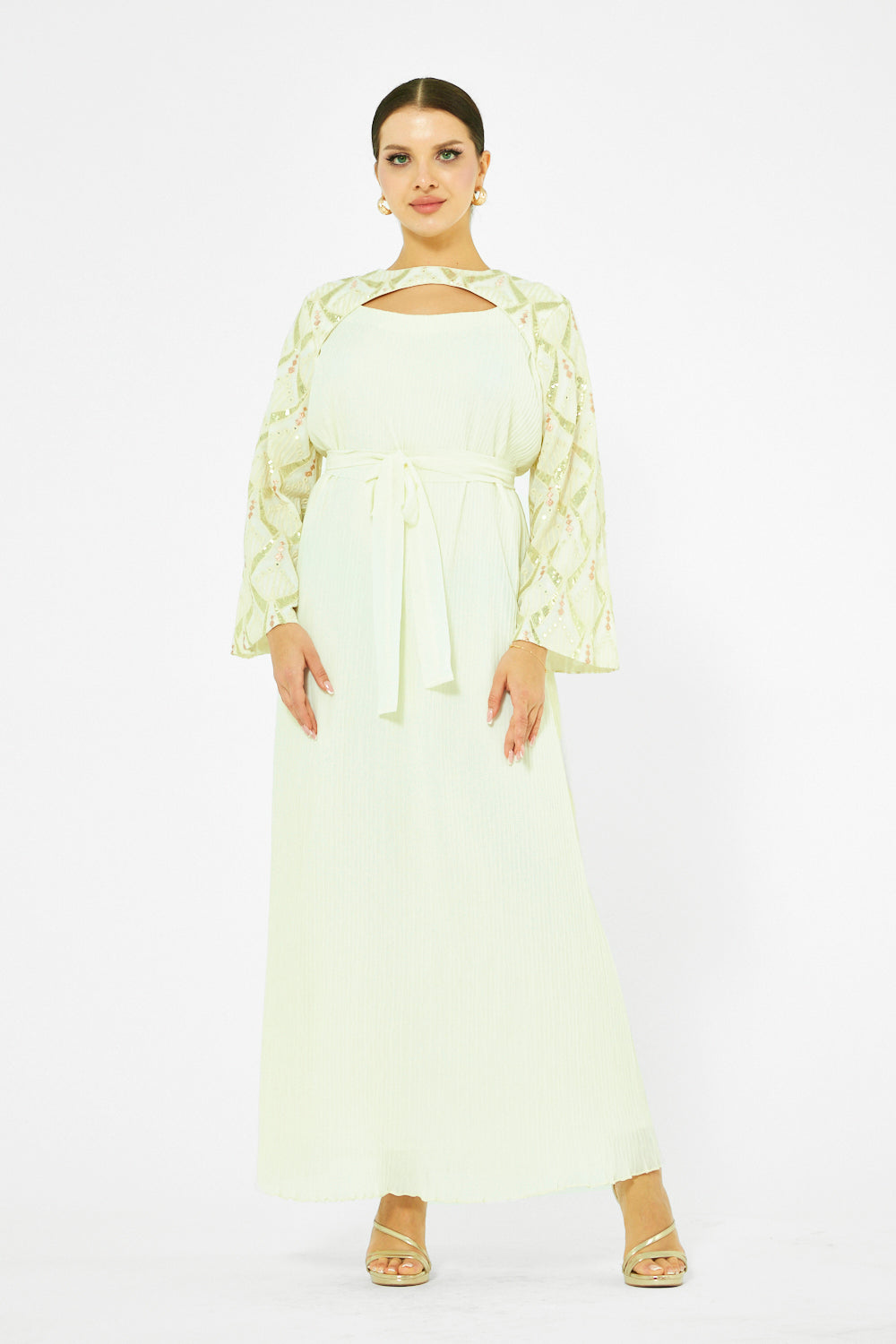 Embroidered Cape Sleeve Gown