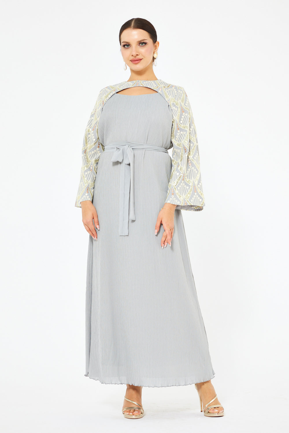 Embroidered Cape Sleeve Gown