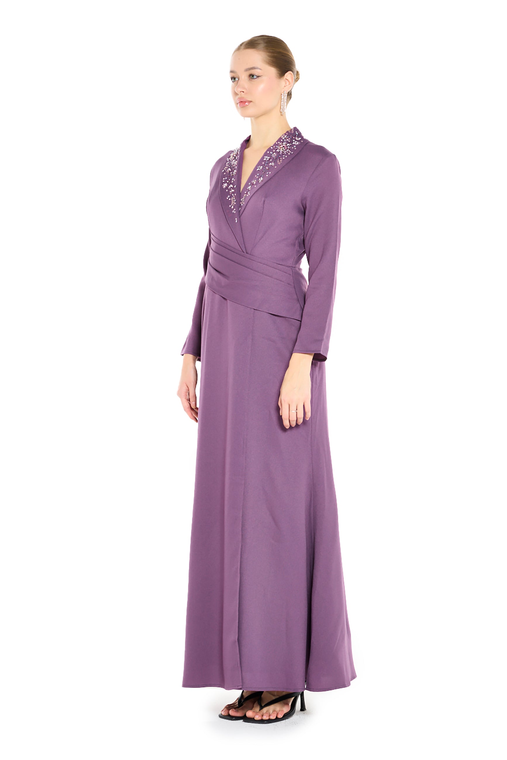 Embellished Wrap-Front Gown with Draped Waist Detail