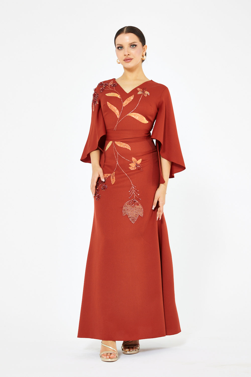 Floral Cascade Cape Sleeve Gown