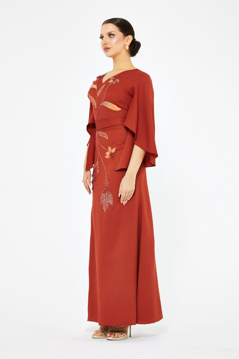 Floral Cascade Cape Sleeve Gown