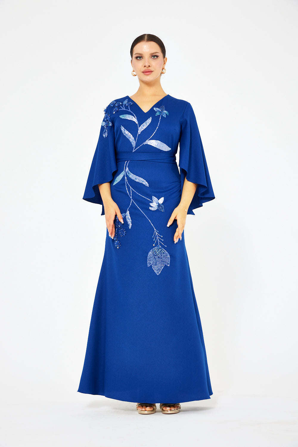 Floral Cascade Cape Sleeve Gown