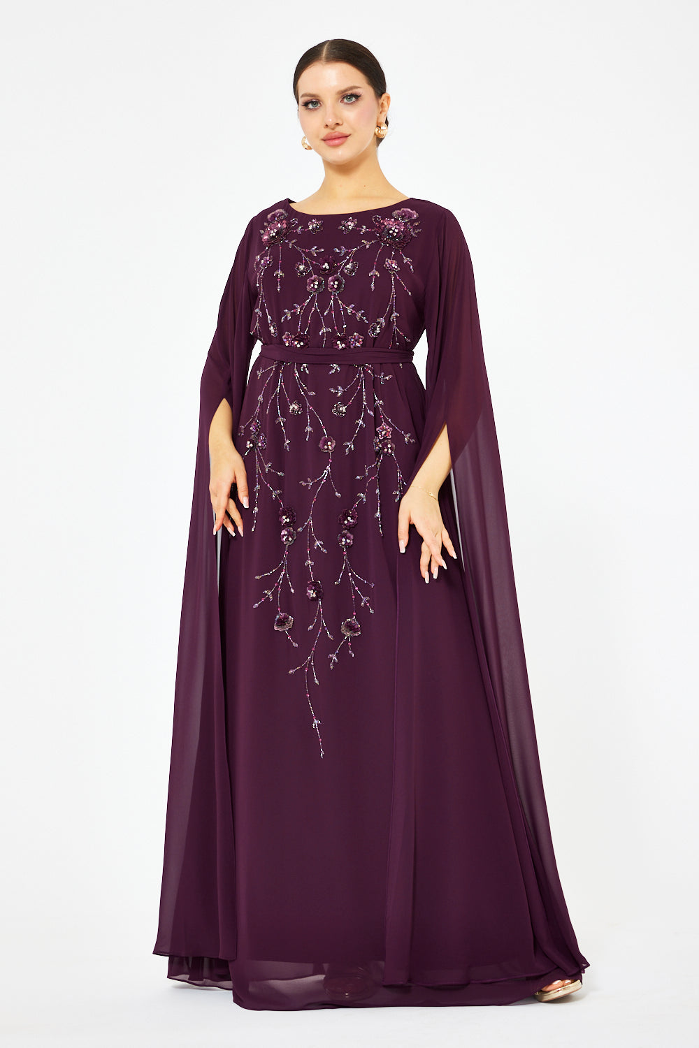 Embellished Floral Cascade Cape Gown