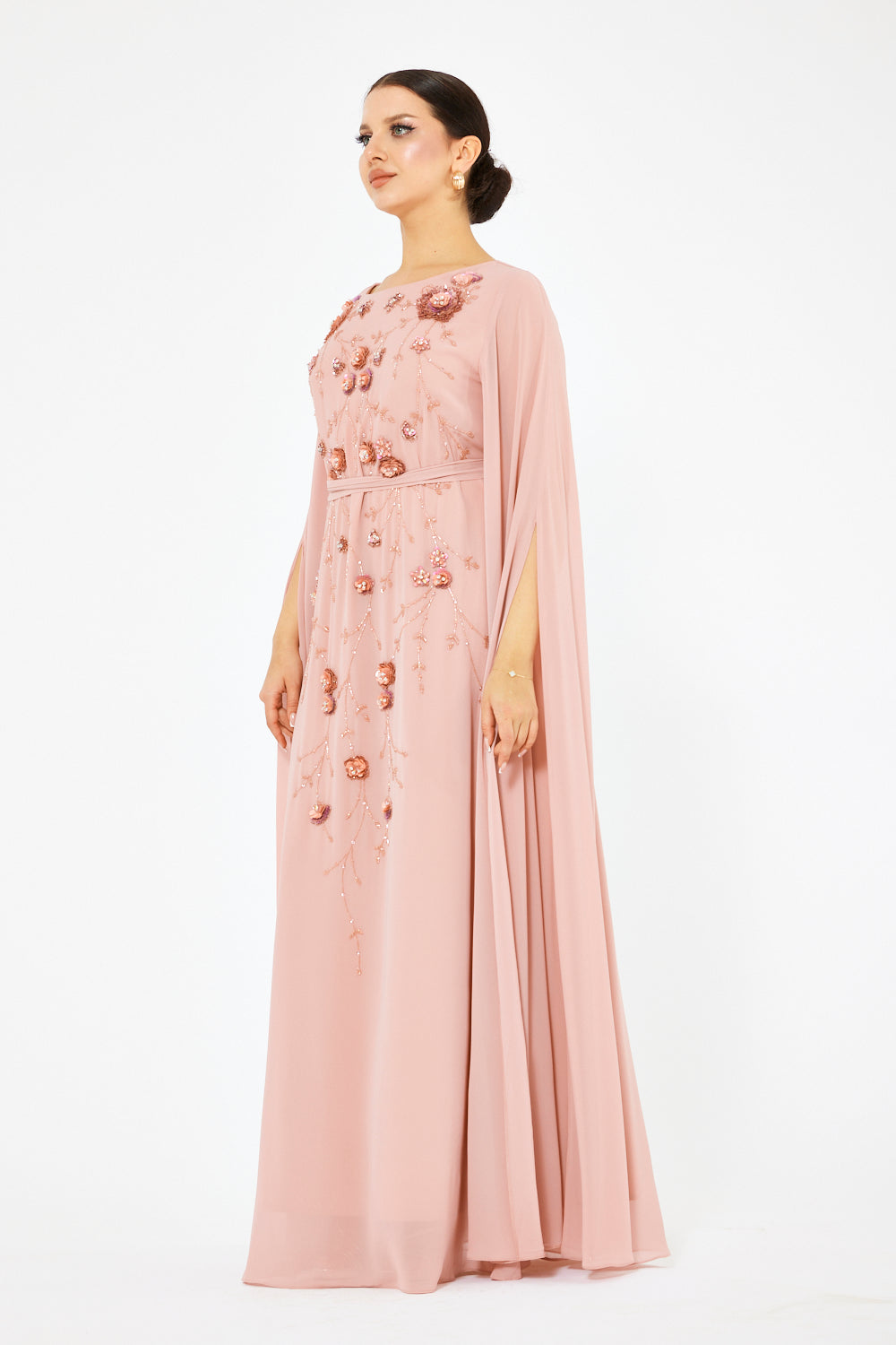 Embellished Floral Cascade Cape Gown