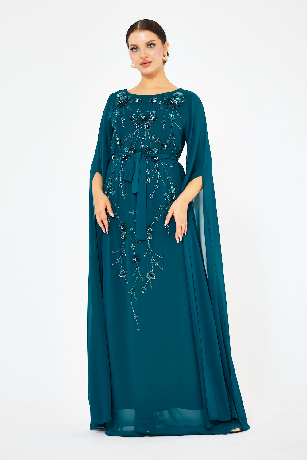 Embellished Floral Cascade Cape Gown