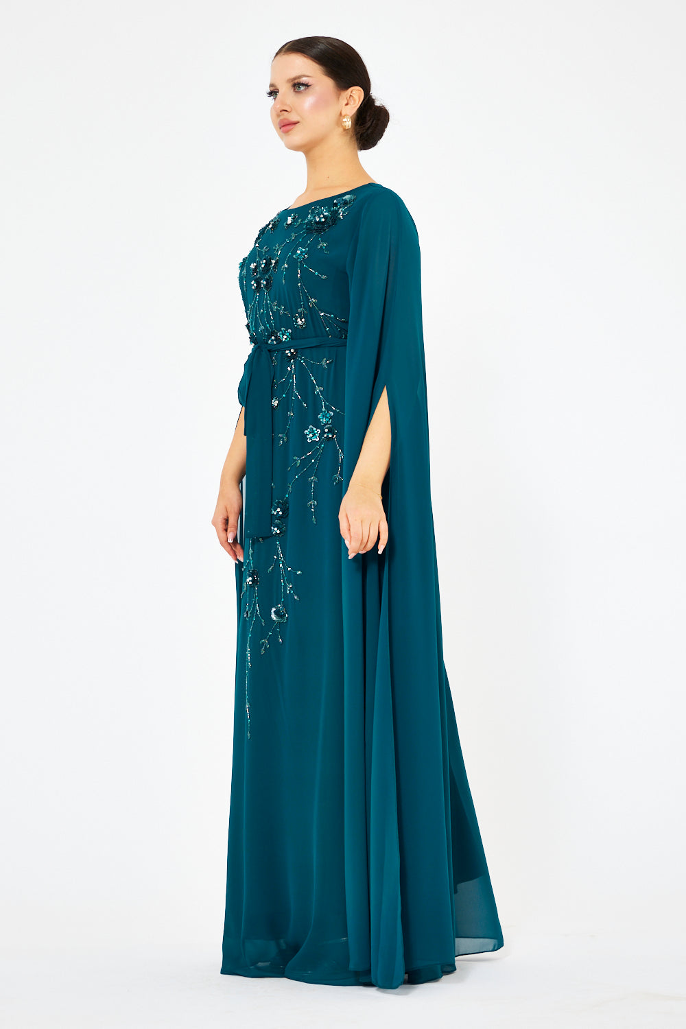 Embellished Floral Cascade Cape Gown