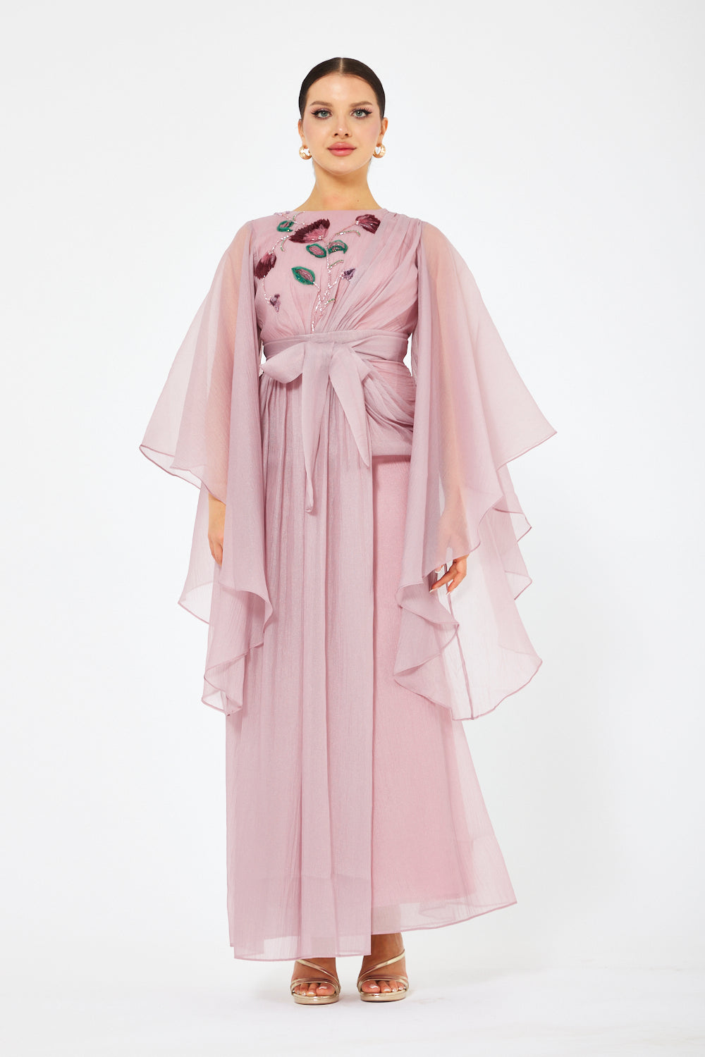 Botanical Embroidered Cape-Sleeve Layered Gown