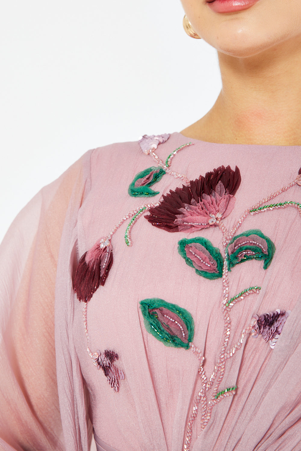 Botanical Embroidered Cape-Sleeve Layered Gown