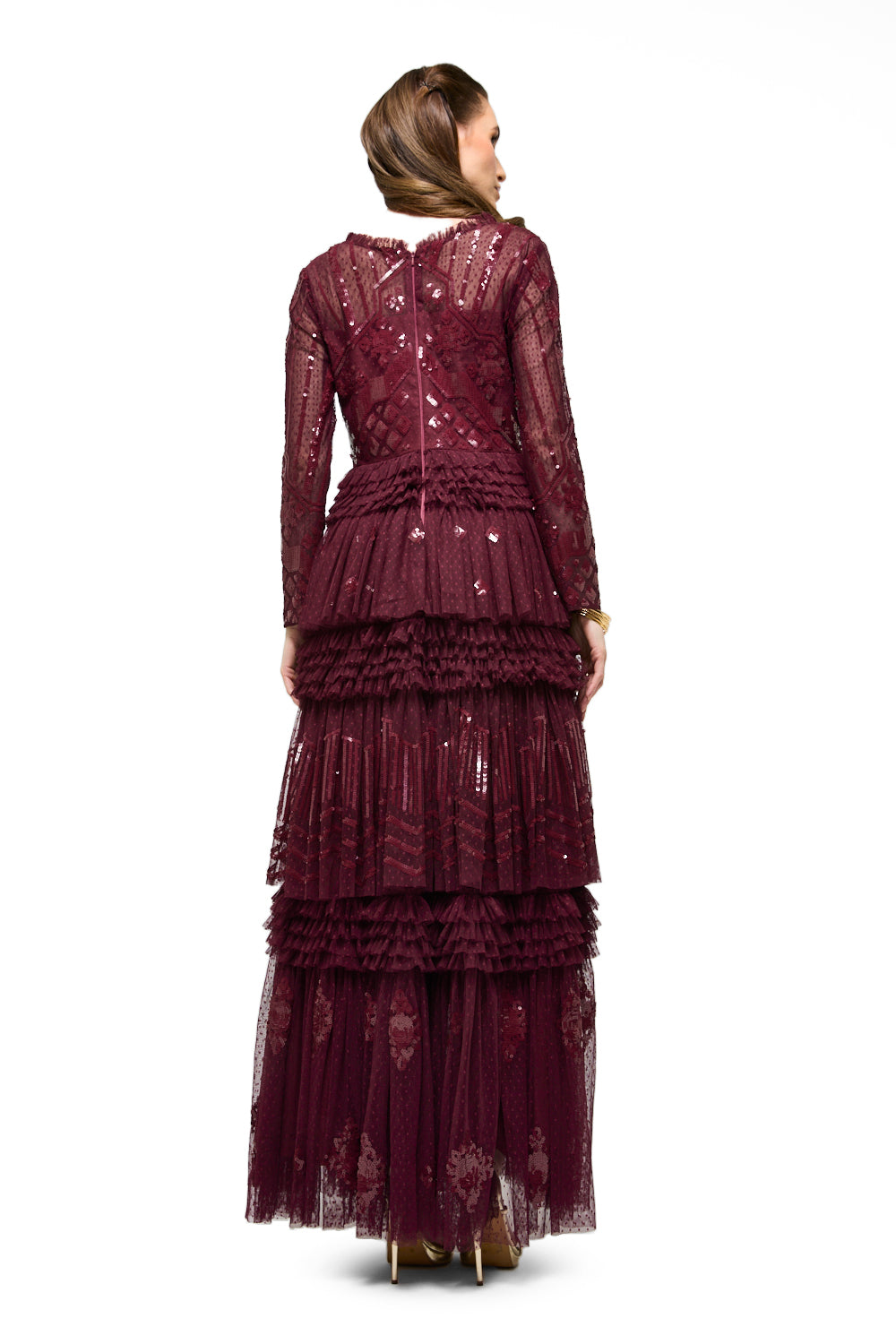 Sequin Lace Tiered Ruffle Maxi Dress