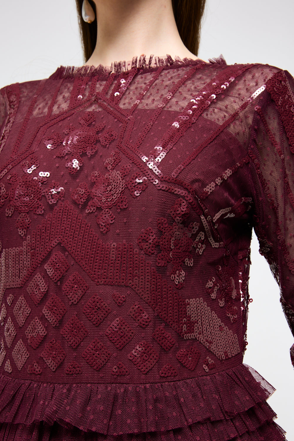 Sequin Lace Tiered Ruffle Maxi Dress