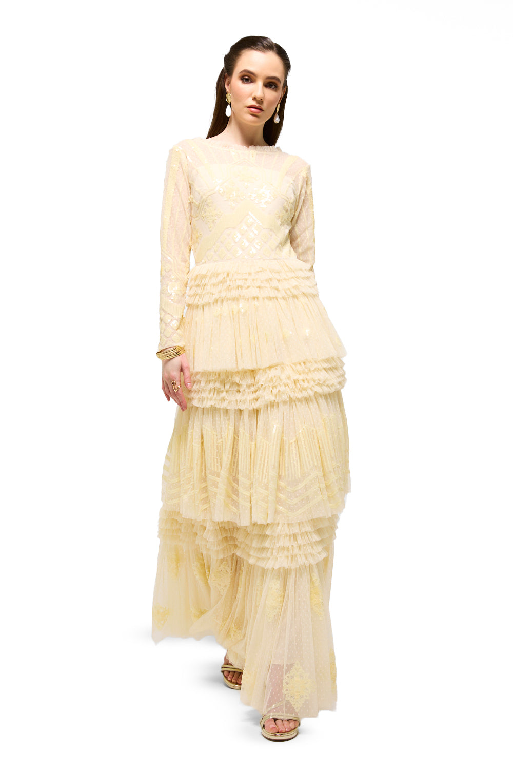 Sequin Lace Tiered Ruffle Maxi Dress