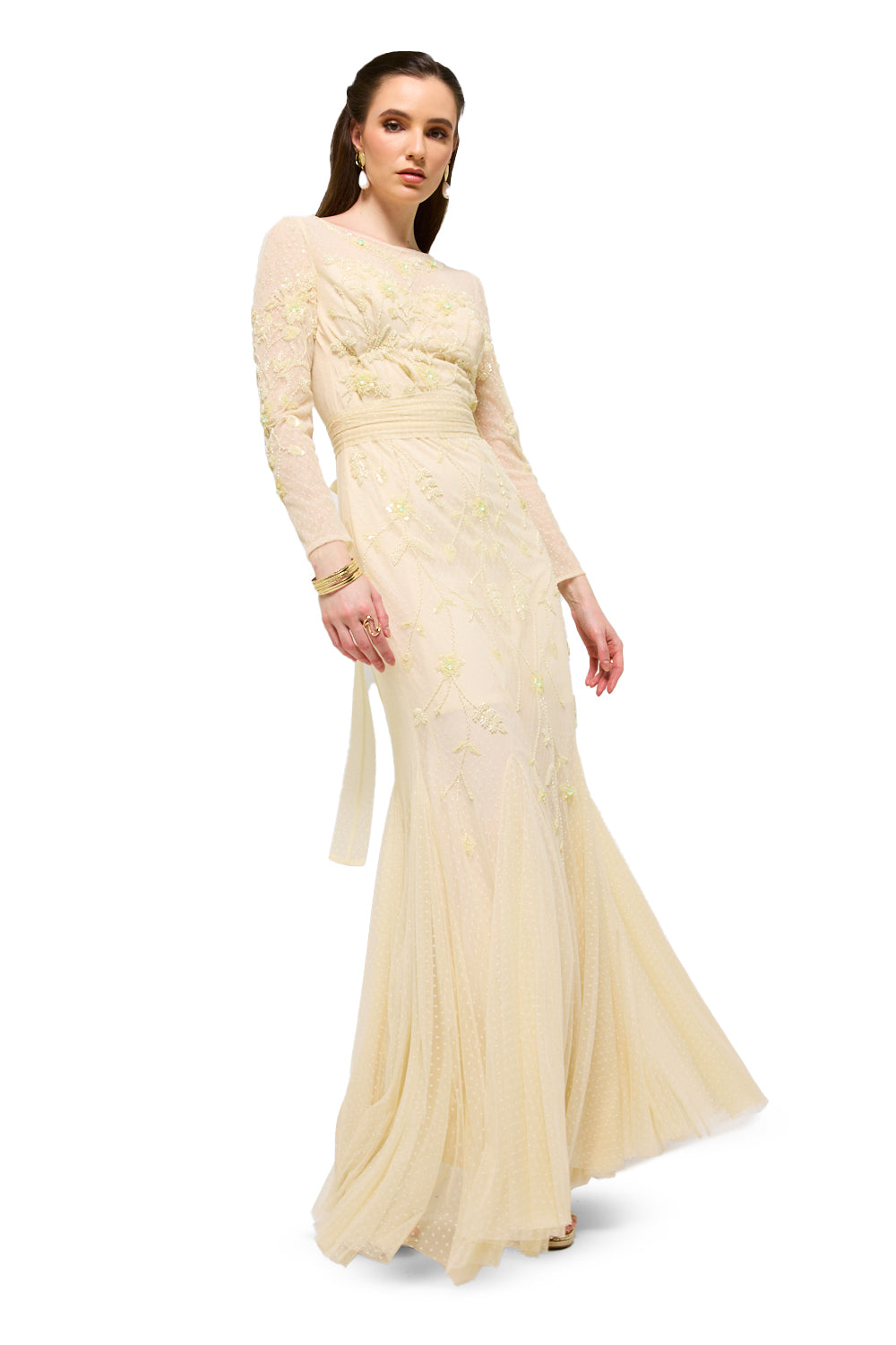 Embroidered Mesh Panel Mermaid Dress