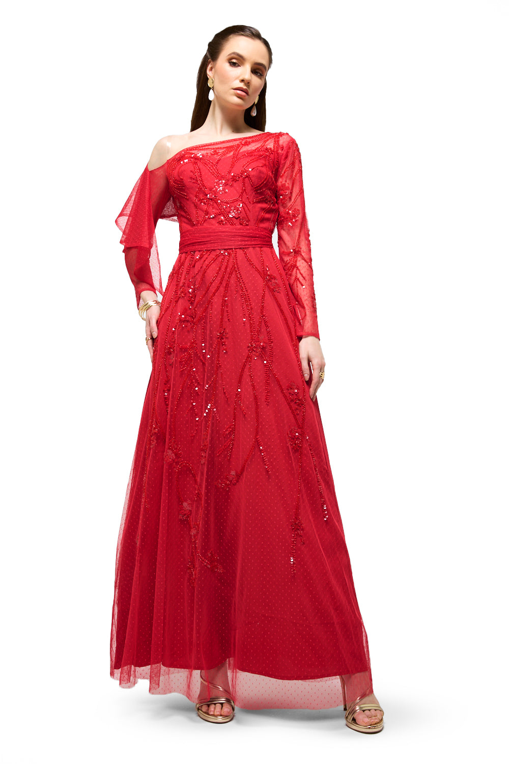 One-Shoulder Embellished Tulle Maxi Dress