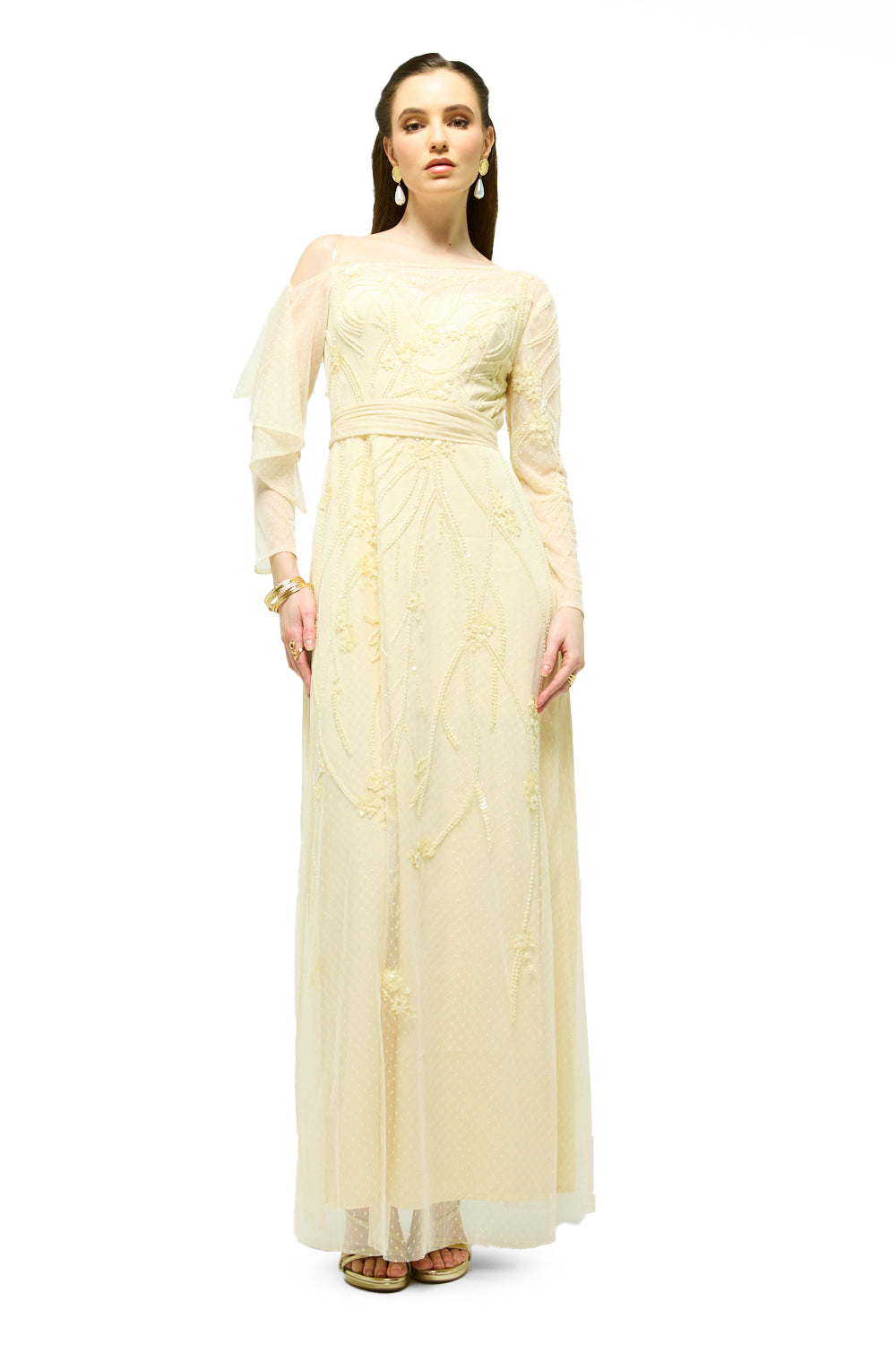 One-Shoulder Embellished Tulle Maxi Dress