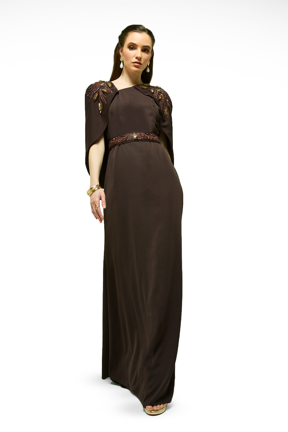Embellished Shoulder Cape Maxi Dress