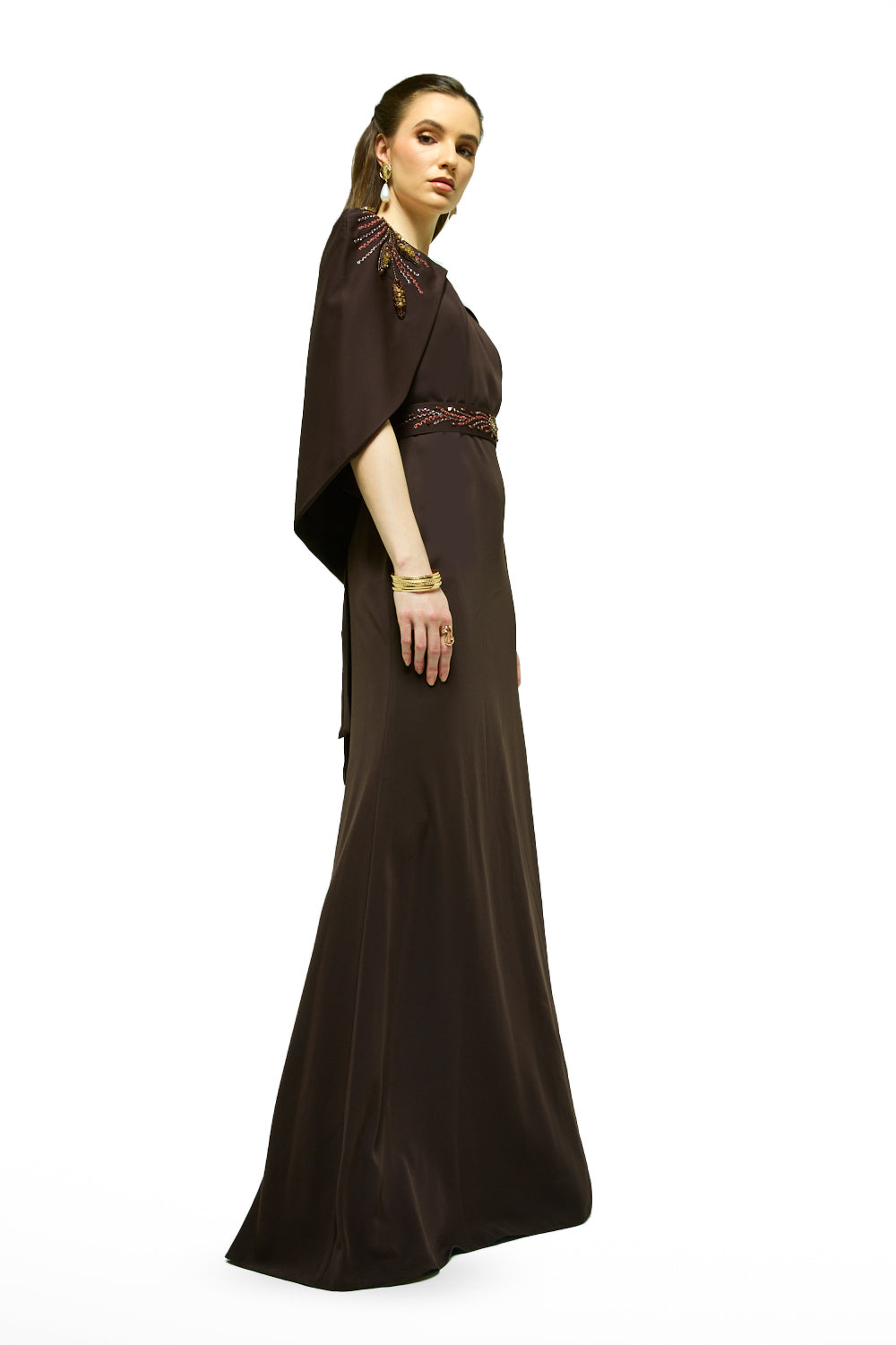 Embellished Shoulder Cape Maxi Dress