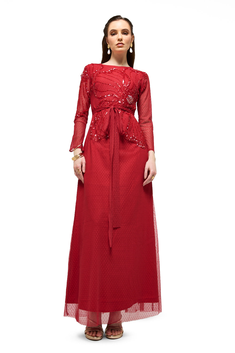 Embellished Peplum Tie Maxi Dress