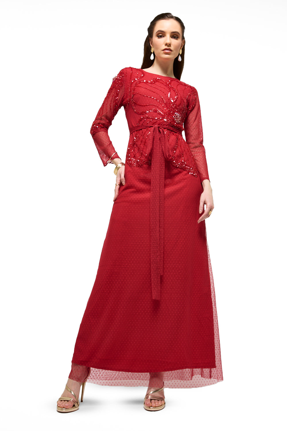 Embellished Peplum Tie Maxi Dress