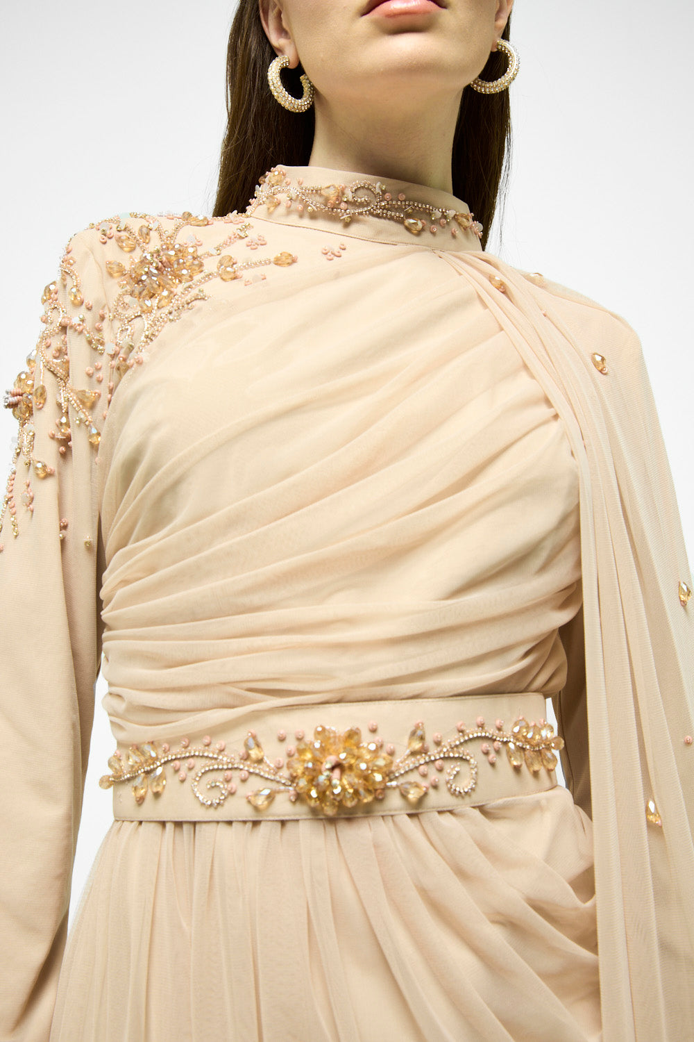 Embellished Waist Drape Cape Maxi Dress