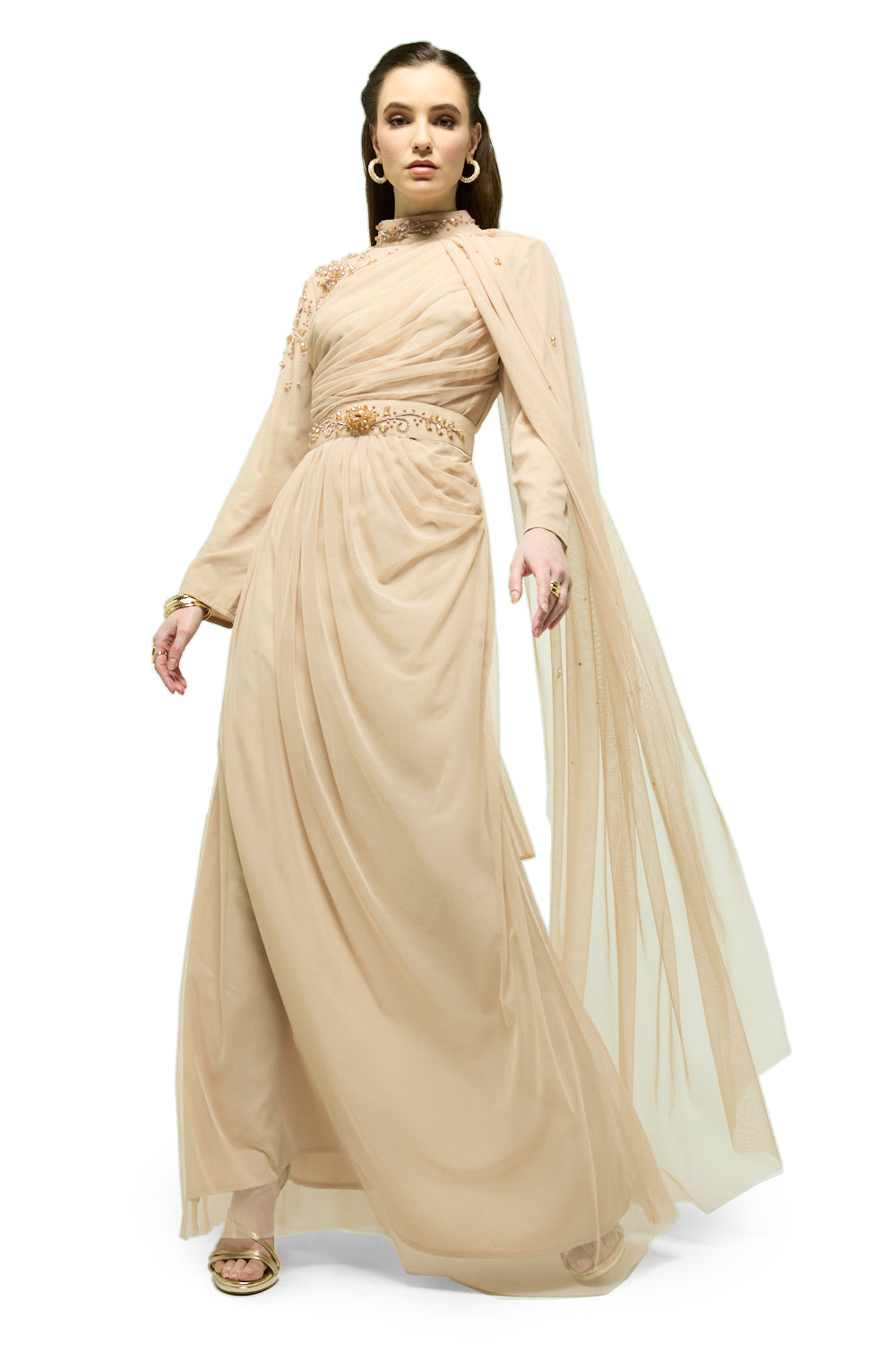 Embellished Waist Drape Cape Maxi Dress