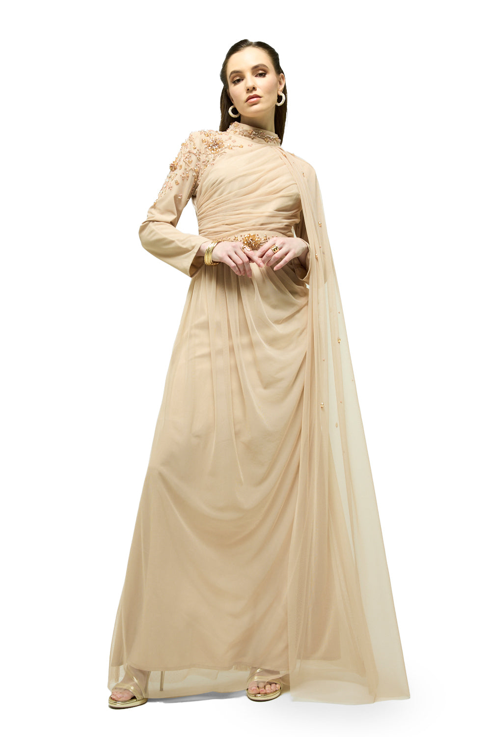 Embellished Waist Drape Cape Maxi Dress
