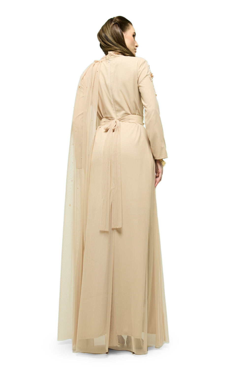 Embellished Waist Drape Cape Maxi Dress