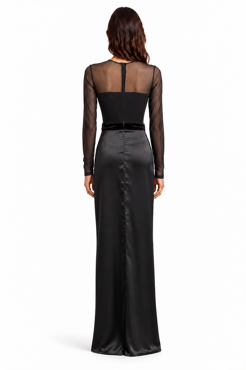 "Talia" Sheer-Sleeve Draped Maxi Gown