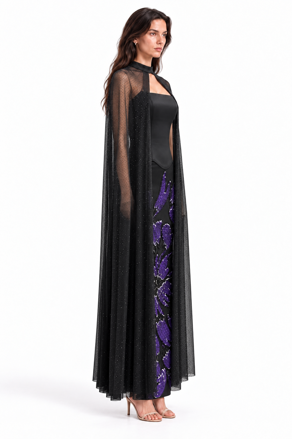 "Zara" Floral Applique Cape Gown