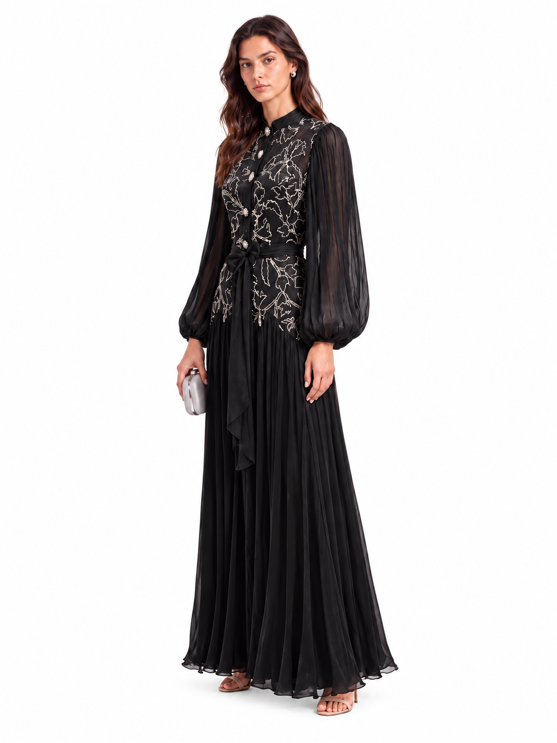 "Nesma" Embroidered Chiffon Tie-Waist Maxi Dress