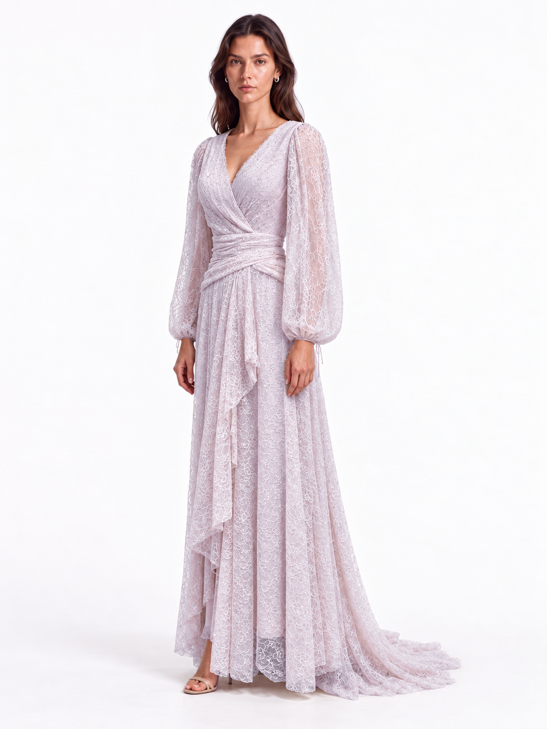 "Elara" Lace Wrap Gown with Draped Waist