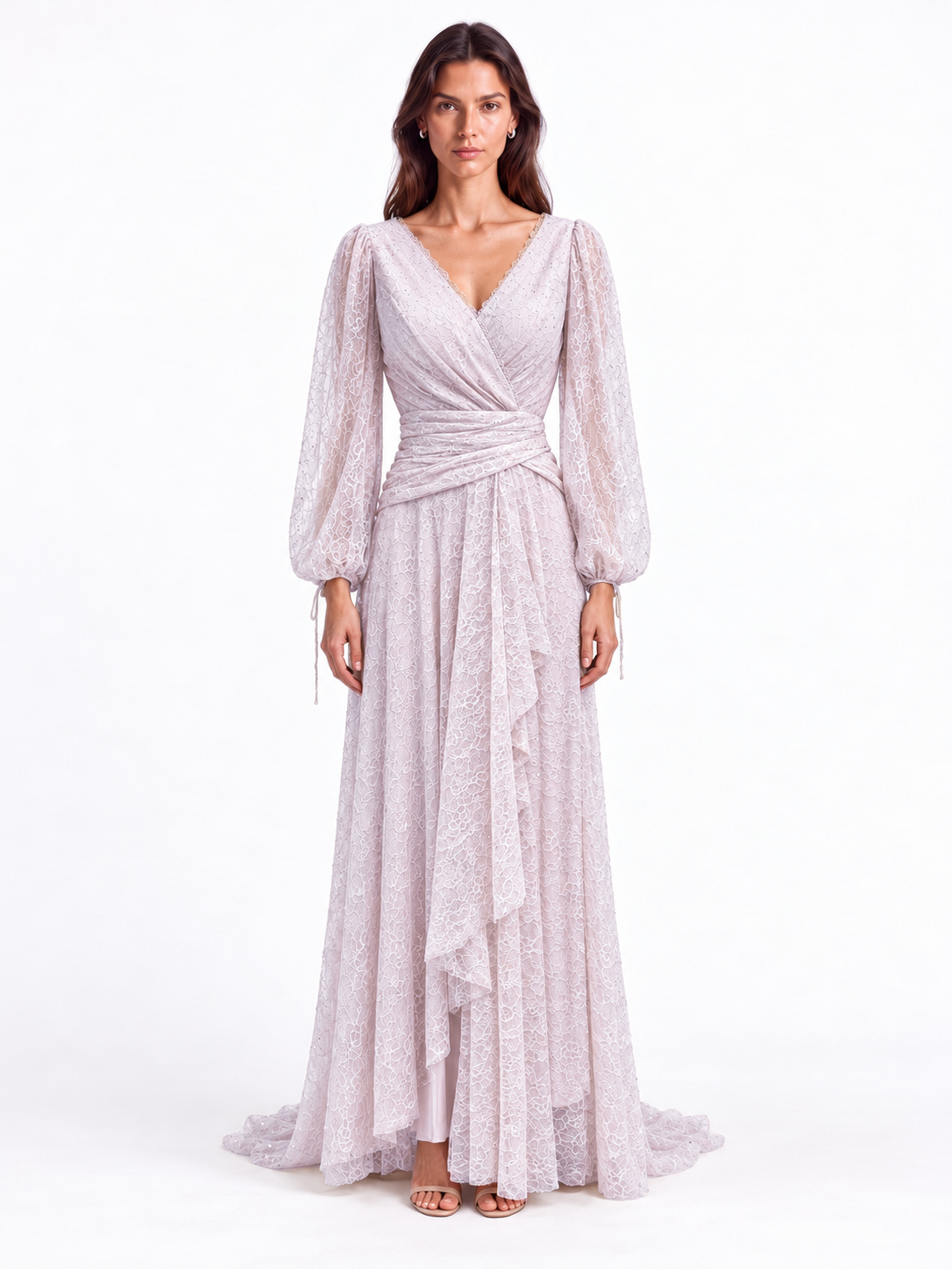 "Elara" Lace Wrap Gown with Draped Waist