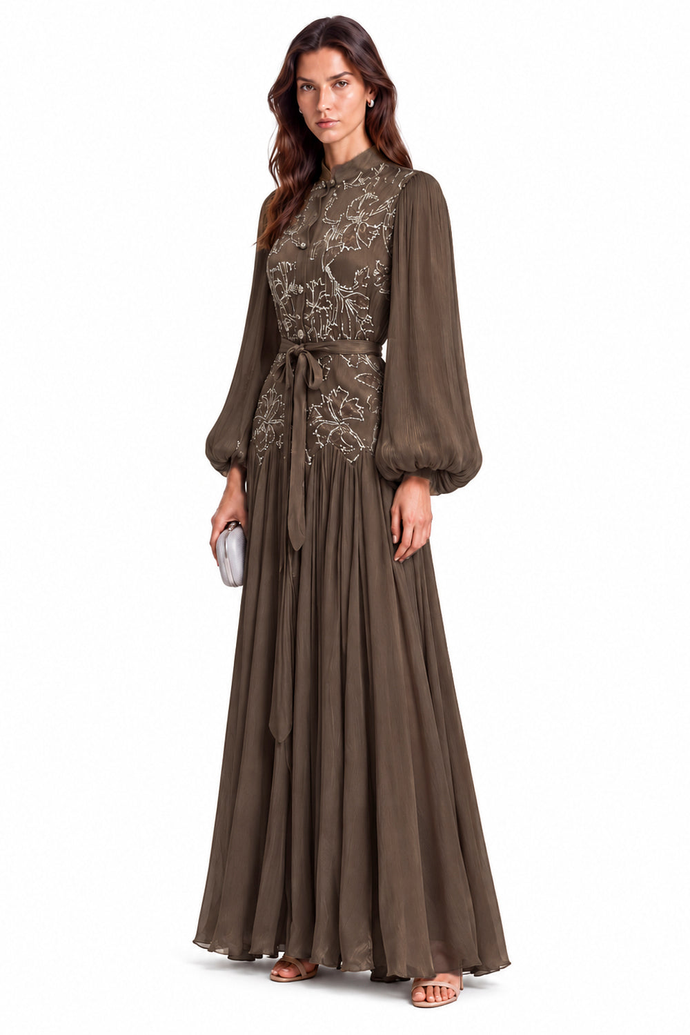 "Nesma" Embroidered Chiffon Tie-Waist Maxi Dress