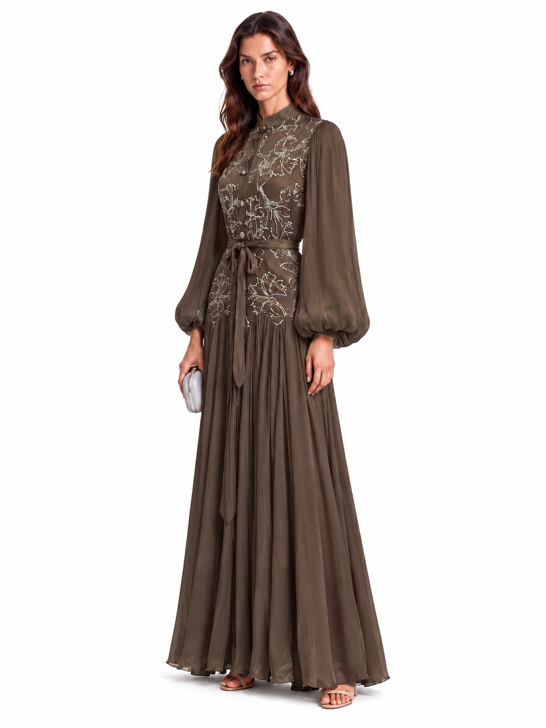 "Nesma" Embroidered Chiffon Tie-Waist Maxi Dress