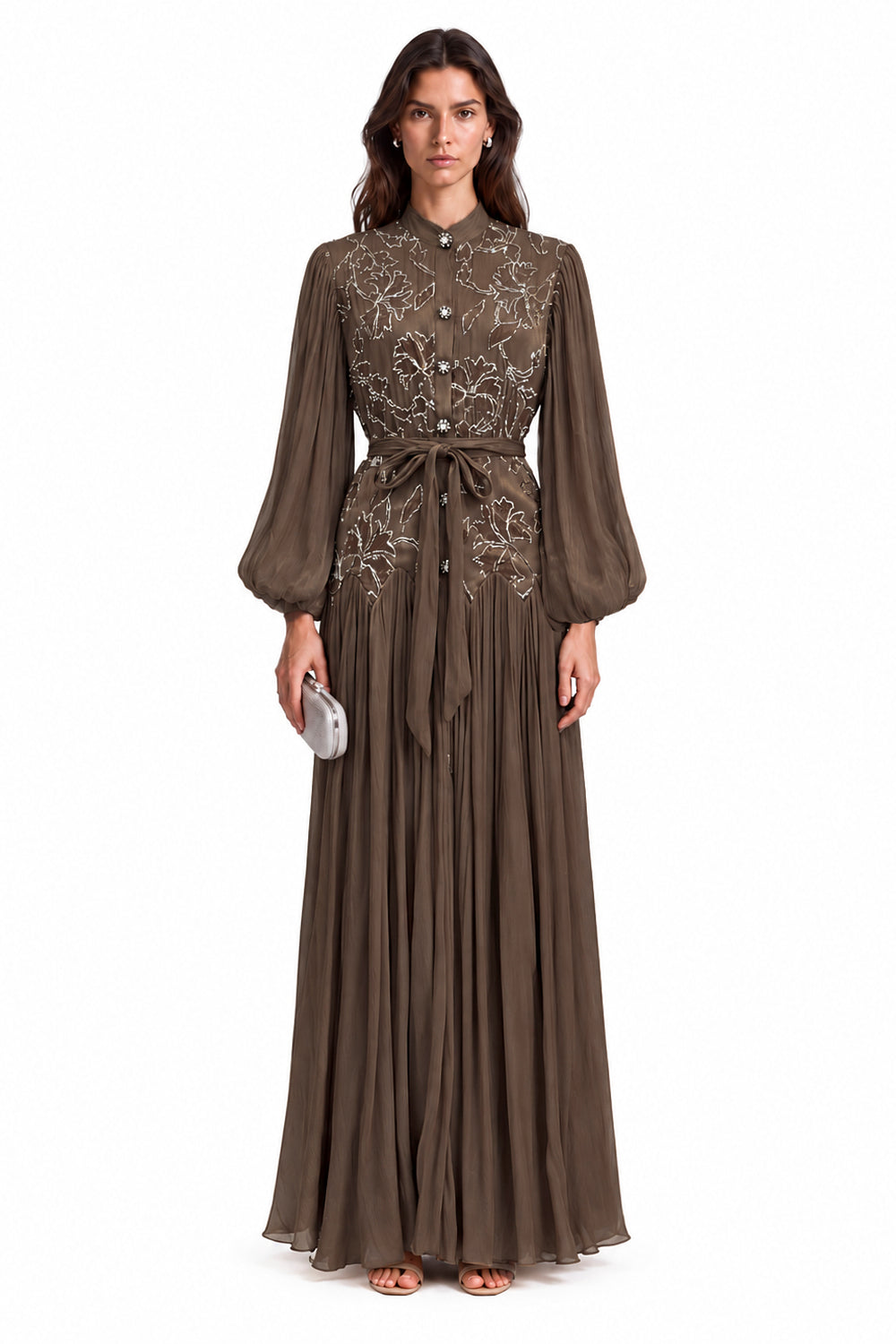 "Nesma" Embroidered Chiffon Tie-Waist Maxi Dress