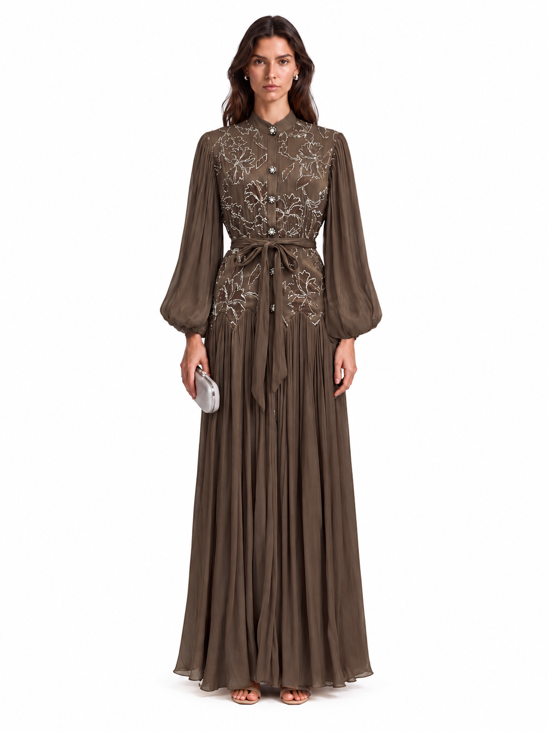 "Nesma" Embroidered Chiffon Tie-Waist Maxi Dress