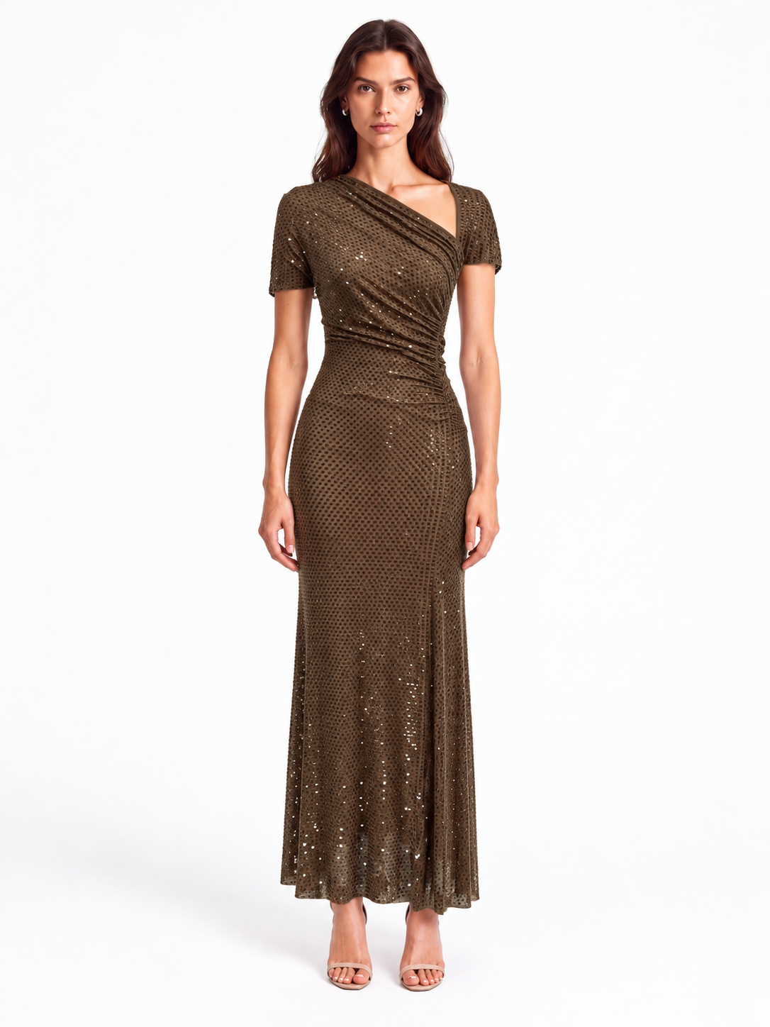 "Lina" Asymmetric Neck Rhinestone Mesh Dress