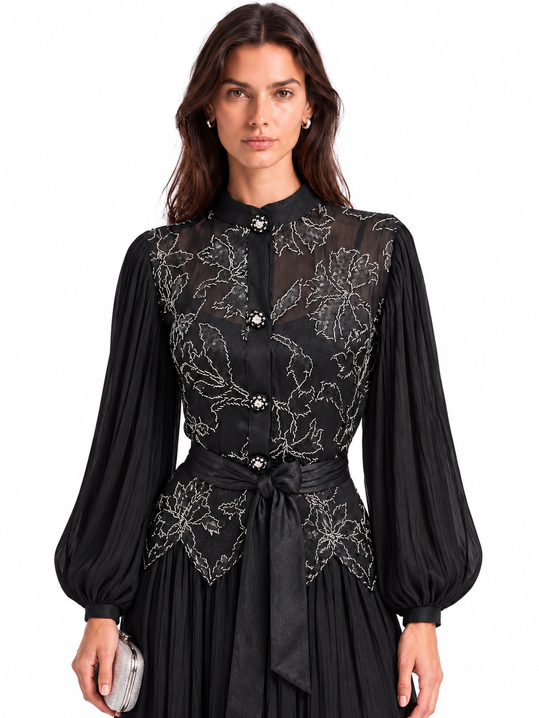 "Nesma" Embroidered Chiffon Tie-Waist Maxi Dress