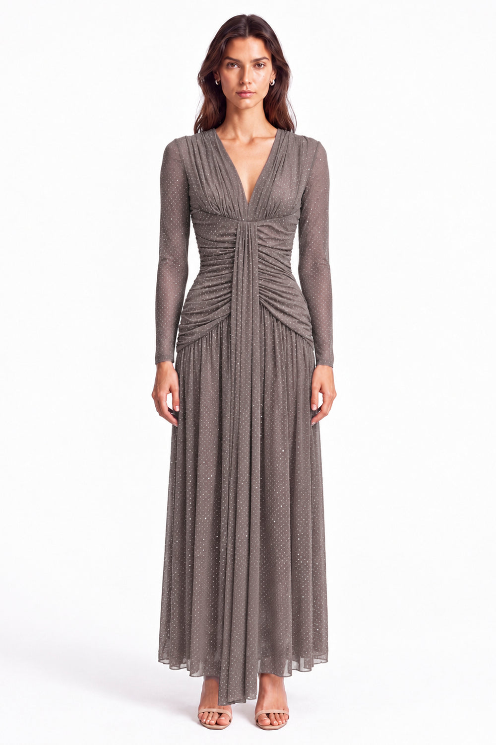 "Nadia" Deep V-Neck Ruched Maxi Dress