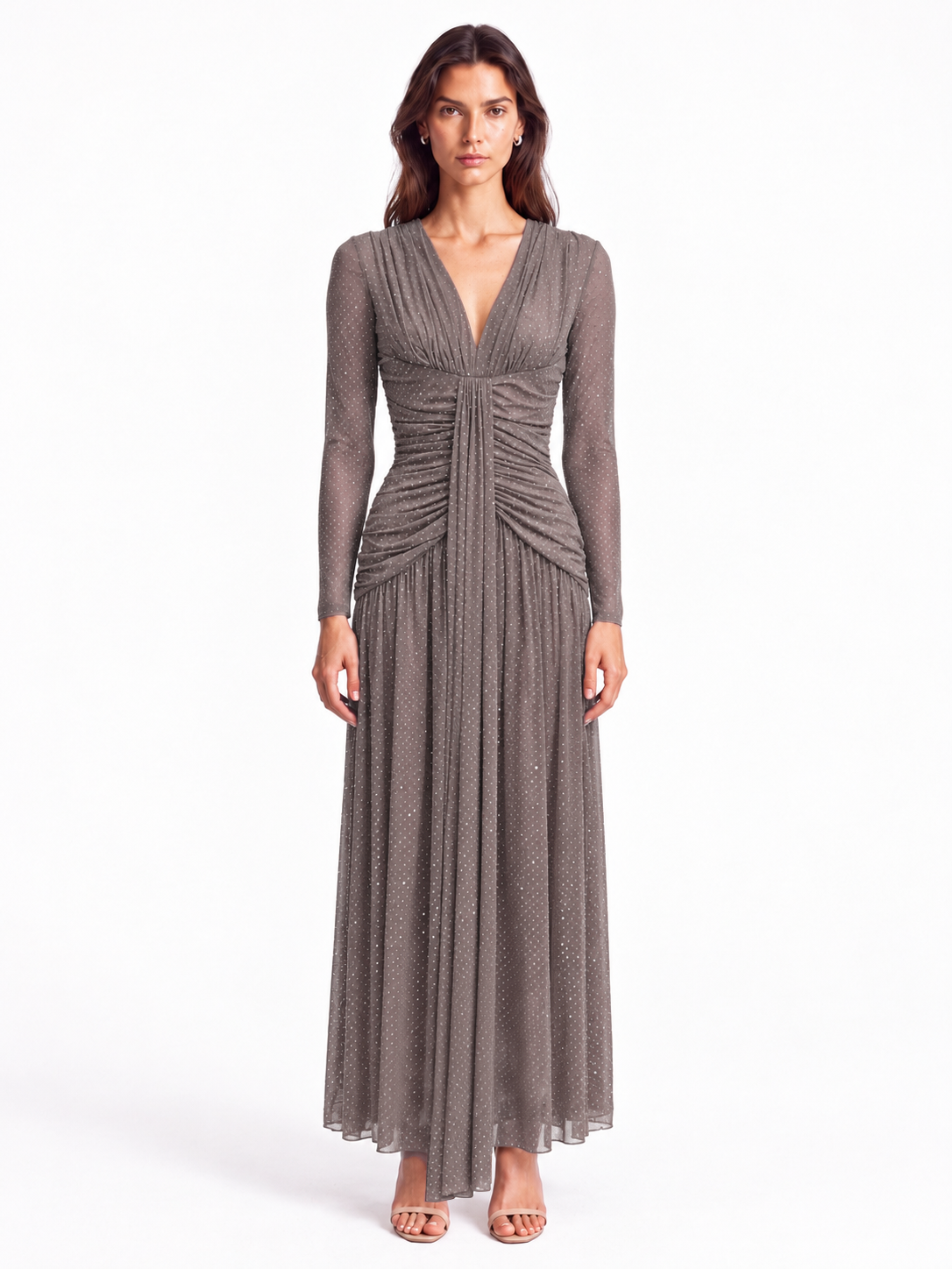 "Nadia" Deep V-Neck Ruched Maxi Dress