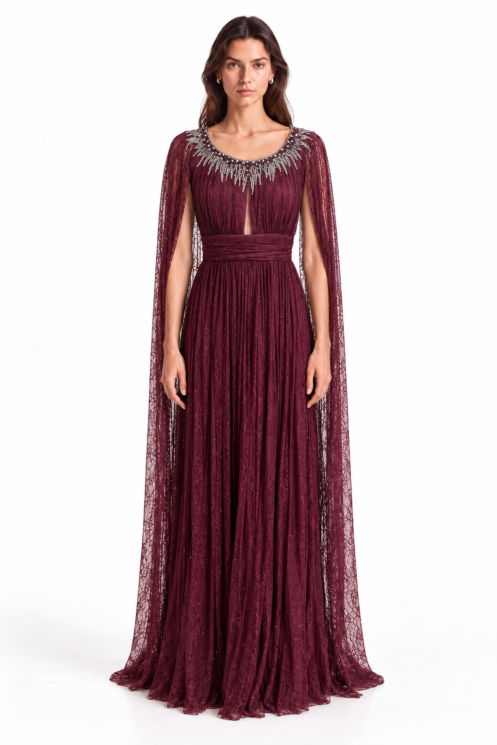 "Nadia" Crystal Cape Lace Gown