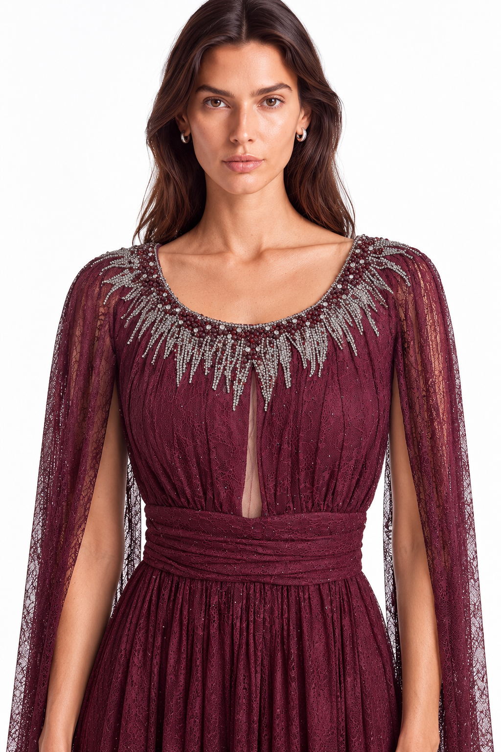 "Nadia" Crystal Cape Lace Gown