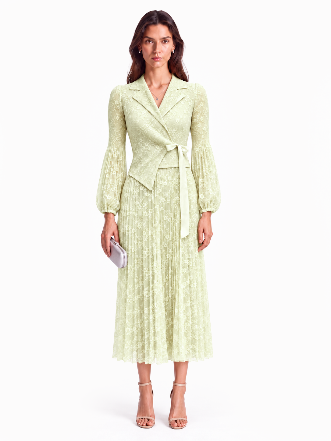 "Elara" Lace Jacket-Style Pleated Maxi Dress