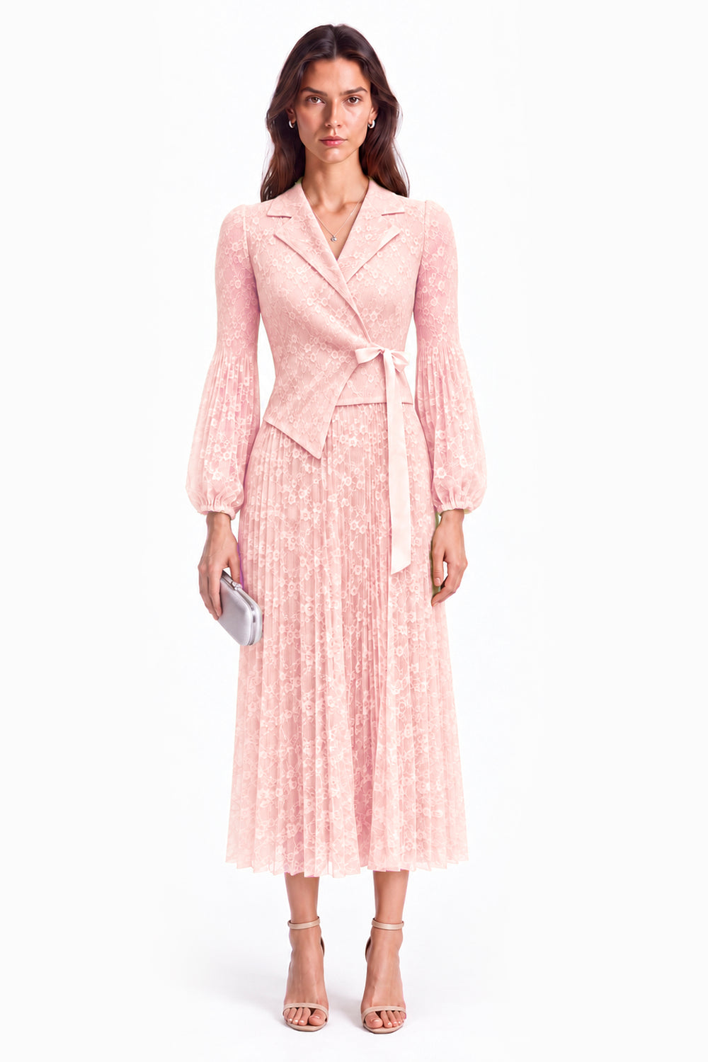 "Elara" Lace Jacket-Style Pleated Maxi Dress